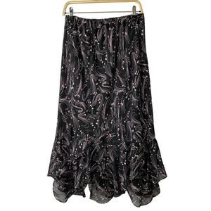 R&K Originals‎ Whimsigoth Midi Skirt Women 12 Black Purple Swirls Ruffle Witchy
